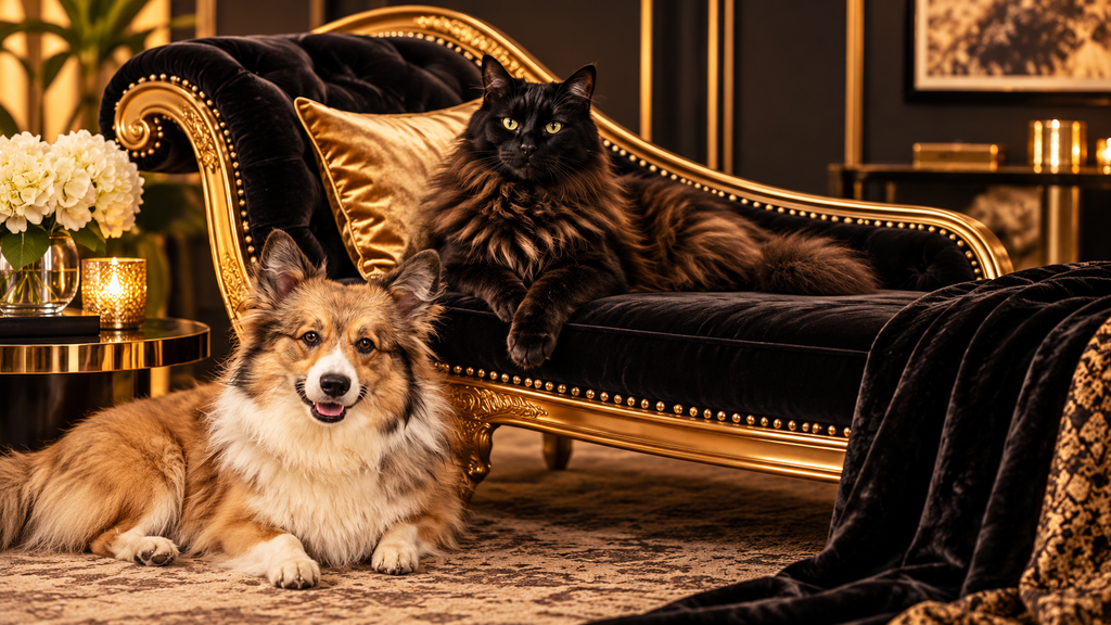 black cat and golden retriever trend | Smoky Matchmaker Black cat beside a corgi illustrating the black cat and golden retriever dating trend